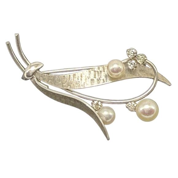 Krementz Pearl & Rhinestone Floral Brooch Silver Tone Signed Vintage - Picture 2 of 8